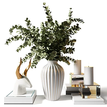 Bouquet with eucalyptus in an elegant white vase with stripes