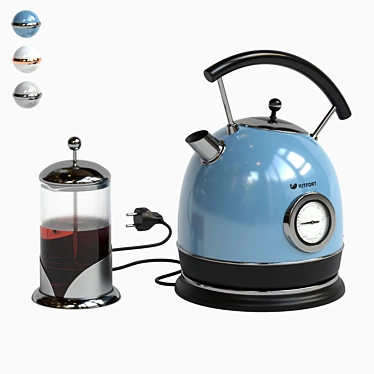 Elegant Electric Kettle Set: KITFORT & French Press 3D model image 1 