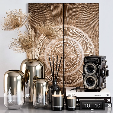 Elegant Home Decor Set: Pampas Grass, Vases, Books, Candlesticks, and More 3D model image 1 