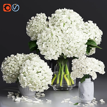 Elegant White Hydrangea and Peony Twig Vases 3D model image 1 