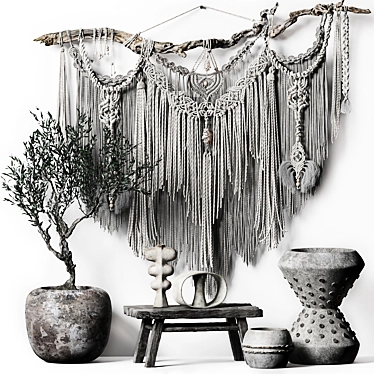 Boho Macrame Decor Set with Hanging Panno & Tree 3D model image 1 