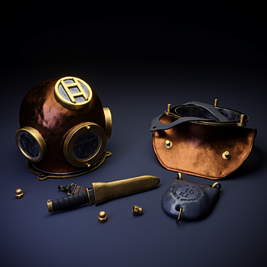 High-Poly Diving Set: Helmet, Hood, Weight, Knife 3D model image 1 