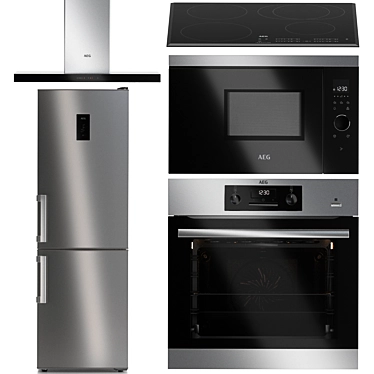 AEG Kitchen Set: Oven, Cooktop, Hood, Microwave, Fridge 3D model image 1 