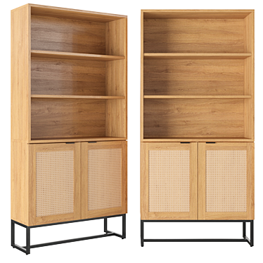 Scandi-Style Bookcase: Wood, Metal, and Cane 3D model image 1 