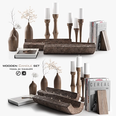 Bohemian Wood Candle Holder Set 3D model image 1 