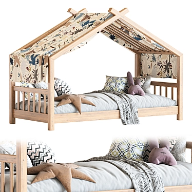 Rustic Wood Kids Bed House 3D model image 1 