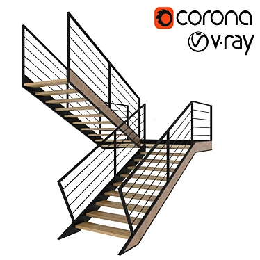 Modern Wooden Staircase with Metal Railing 3D model image 1 