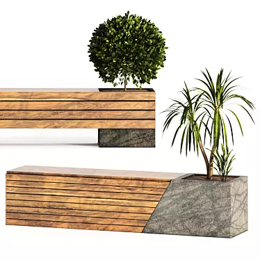 Two Bench Set with Plants 3D model image 1 