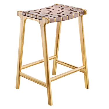 Stylish Leather and Teak Stool 3D model image 1 
