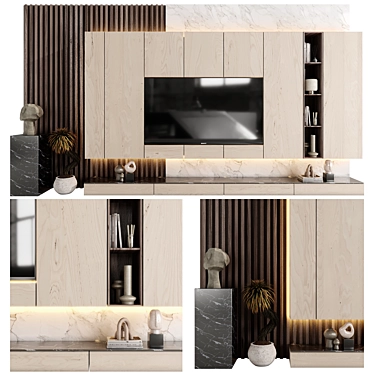 Modern Wood & Stone TV Wall 3D model image 1 