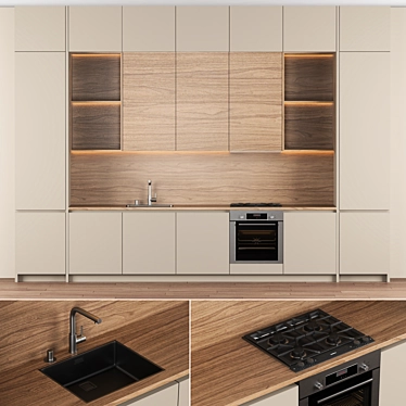 Modern Taupe Wood Kitchen 3D 3D model image 1 