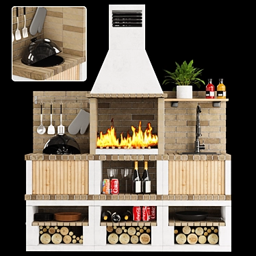 Brick Outdoor Kitchen BBQ Set 3D model image 1 