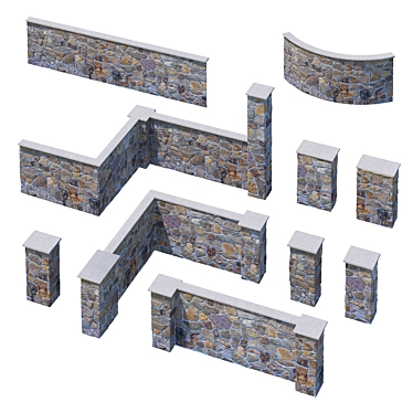 Stone Fence Set: Column and Wall Kit 3D model image 1 