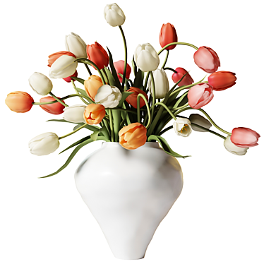 Multi-colored tulips in a white clay vase