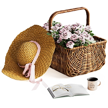 Rose Basket Decor Set with Hat 3D model image 1 