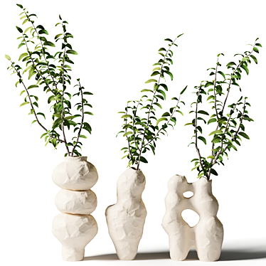 Branches with leaves in wavy clay vases