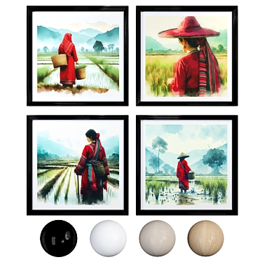 Paddy Landscape Watercolor Frames 3D model image 1 