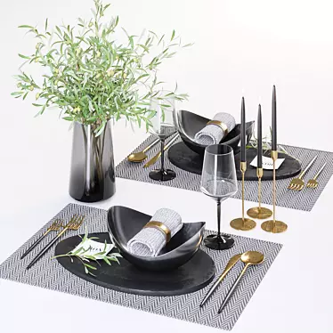 Minimalist Table Set with Olive Branches 3D model image 1 