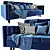 Stylish Blue Velour Sofa 3D model small image 1
